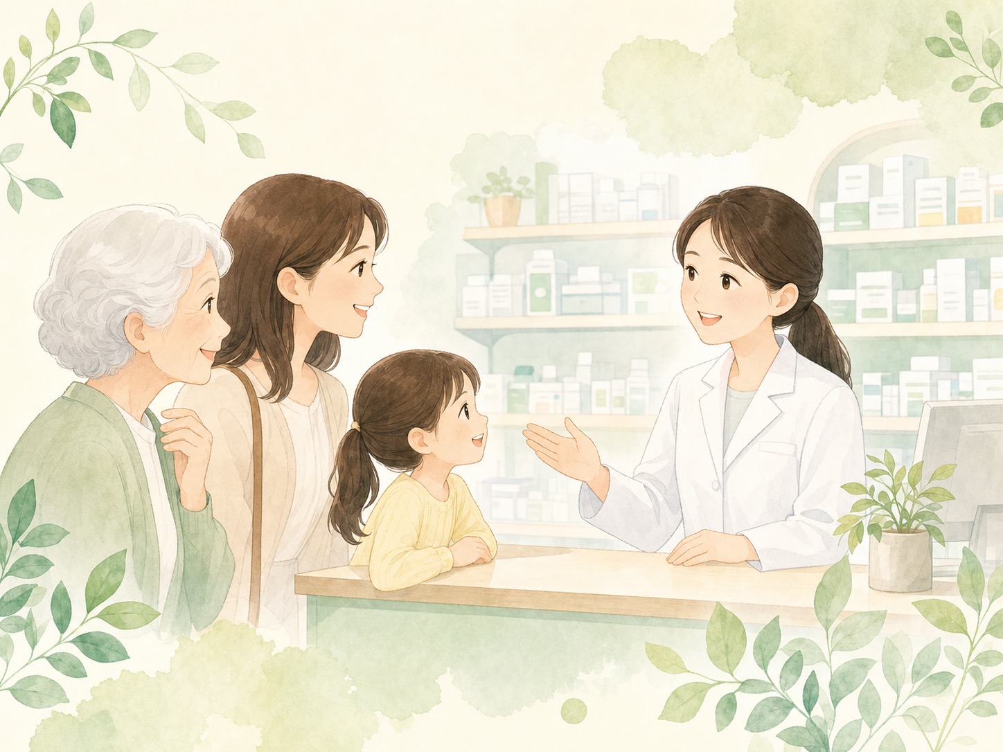 地域の患者さまと会話する薬剤師のイラスト